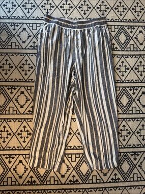 LOFT Blue and White Vertical Stripe Linen Blend Pants